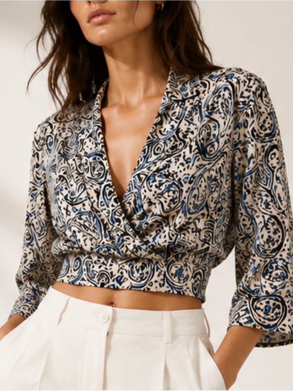 Zara Cream and Navy Paisley Wrap Crop Blouse